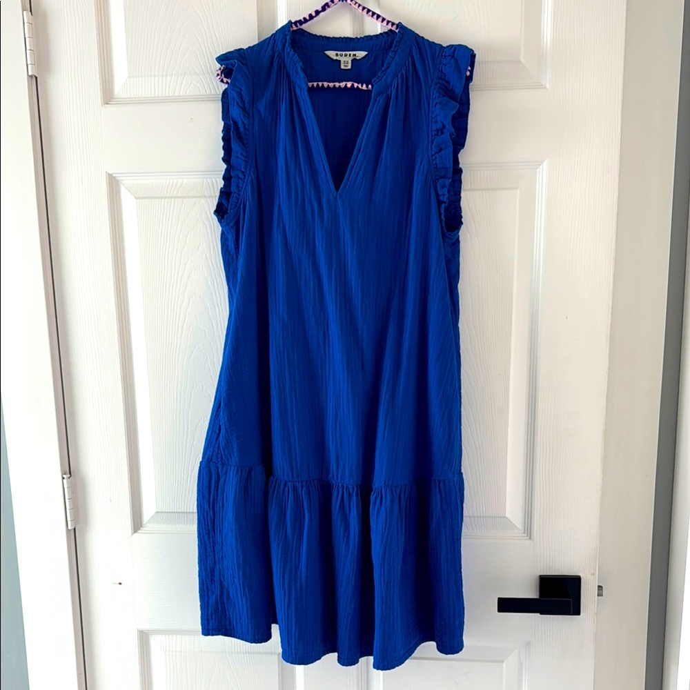 Boden double cloth Blue Ruffle Sleeveless Dress with pockets US10R uk 14R